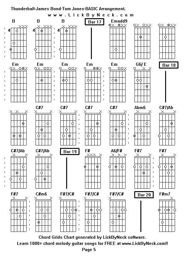 Chord Grids Chart of chord melody fingerstyle guitar song-Thunderball-James Bond-Tom Jones-BASIC Arrangement,generated by LickByNeck software.